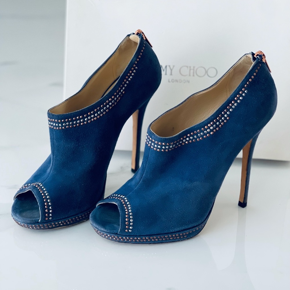 JIMMY CHOO denim blue suede ankle booties heels eu39 us8.5